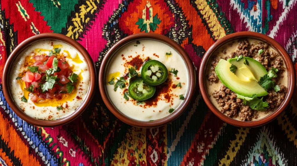 Three different versions of queso blanco dip with toppings