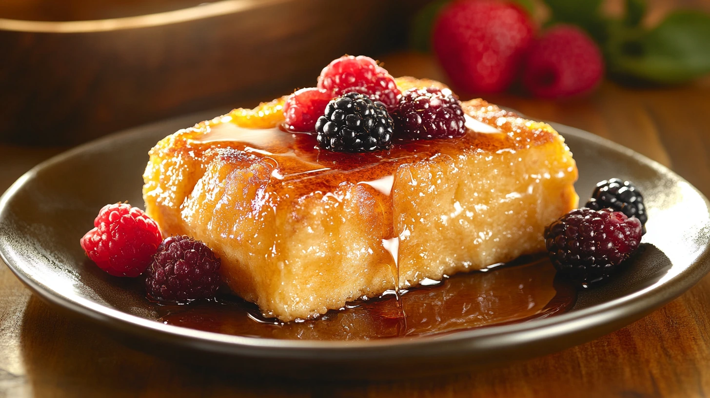 Serving sourdough French toast casserole with maple syrup and berries.