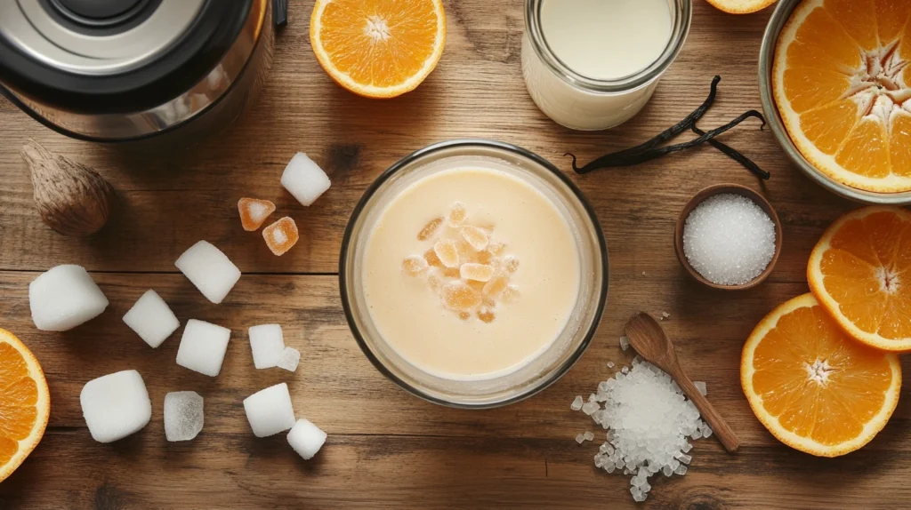 Ingredients laid out for making Orange Julius smoothie at home