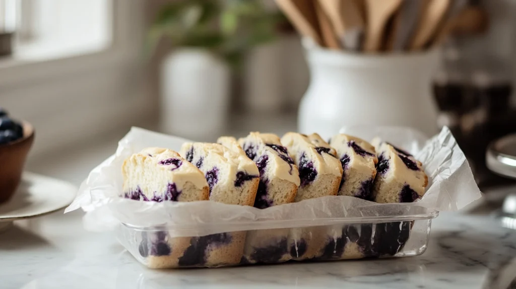 Sliced blueberry cream cheese bread wrapped for storage