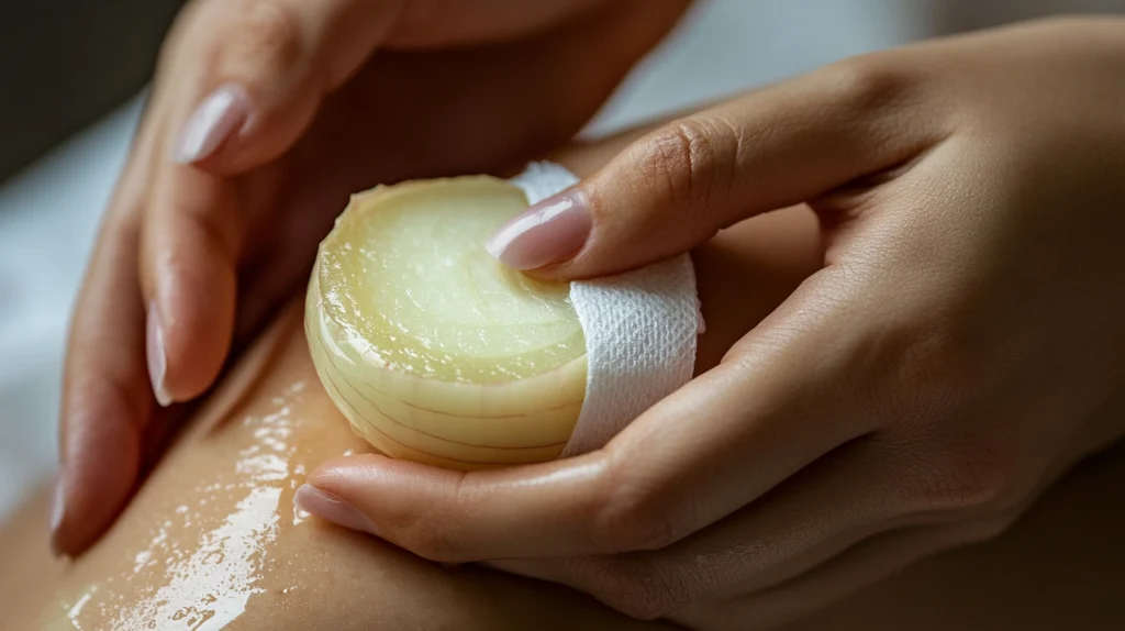 Person applying an onion slice wrapped in gauze to a skin boil