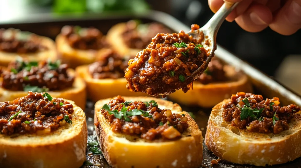 Spreading Sloppy Joe mixture onto garlic bread before baking