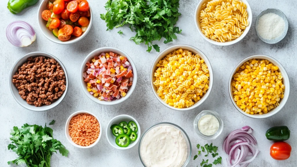 Ingredients laid out for cowboy pasta salad on a kitchen counter