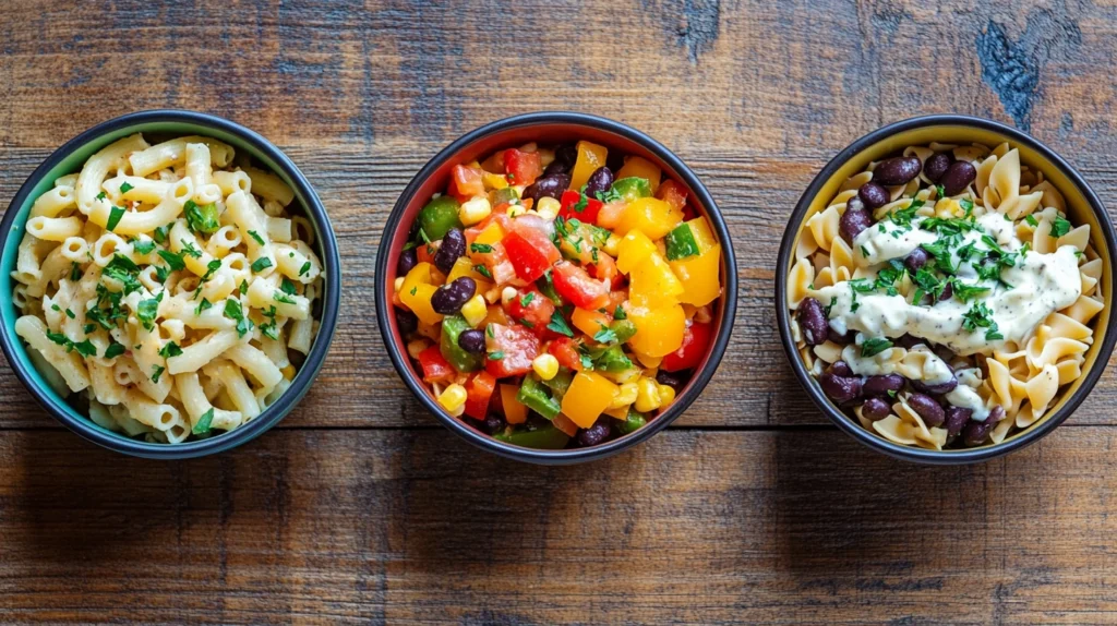 Three bowls of cowboy pasta salad showing different styles