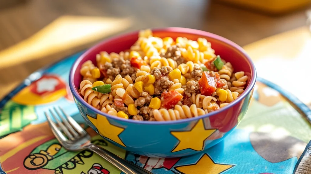 Kid-friendly cowboy pasta salad in a fun, colorful bowl