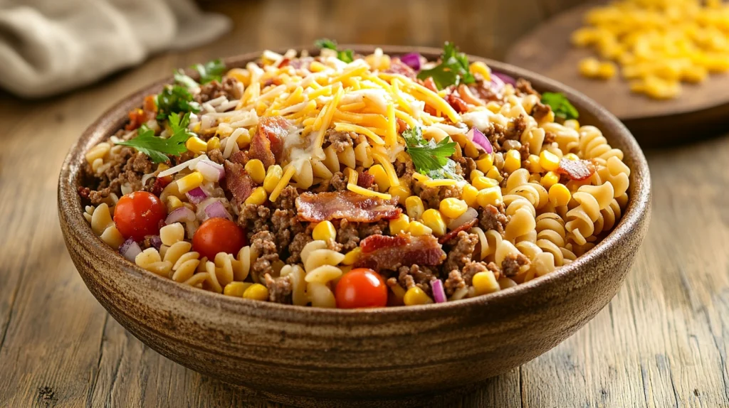 Cowboy pasta salad served in a rustic bowl with beef, bacon, and vegetables