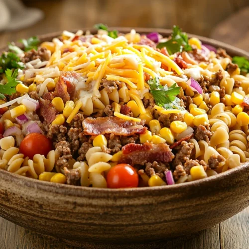 Cowboy pasta salad served in a rustic bowl with beef, bacon, and vegetables