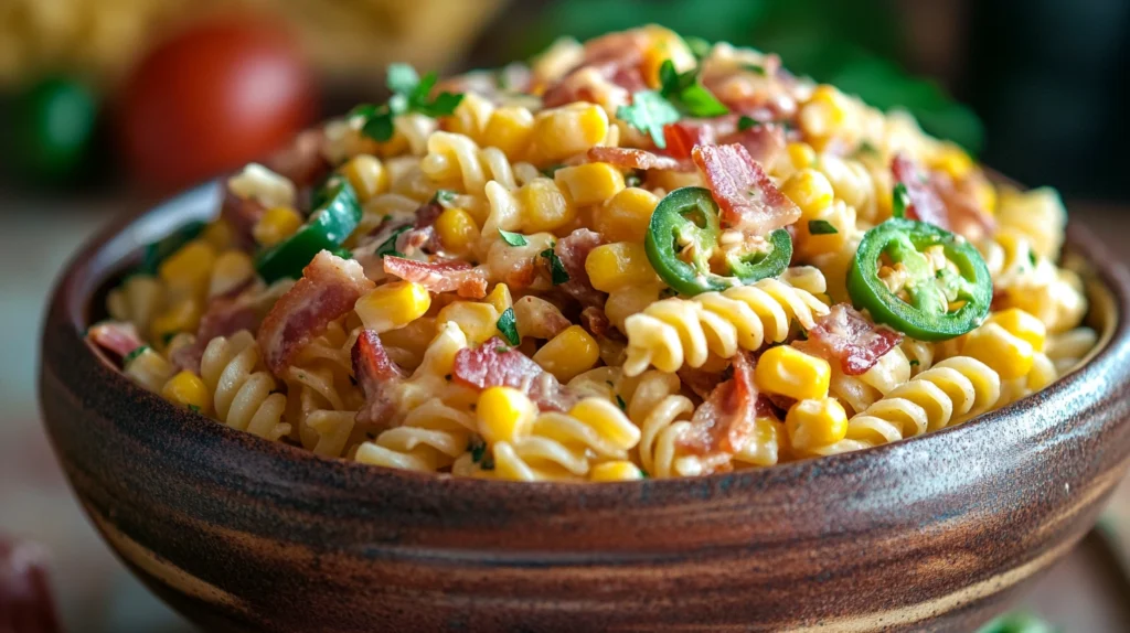 Close-up of cowboy pasta salad highlighting texture and creamy dressing