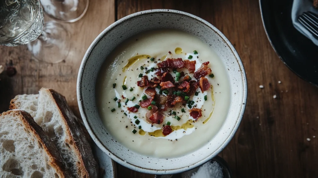 Bowl of roasted garlic potato soup with toppings