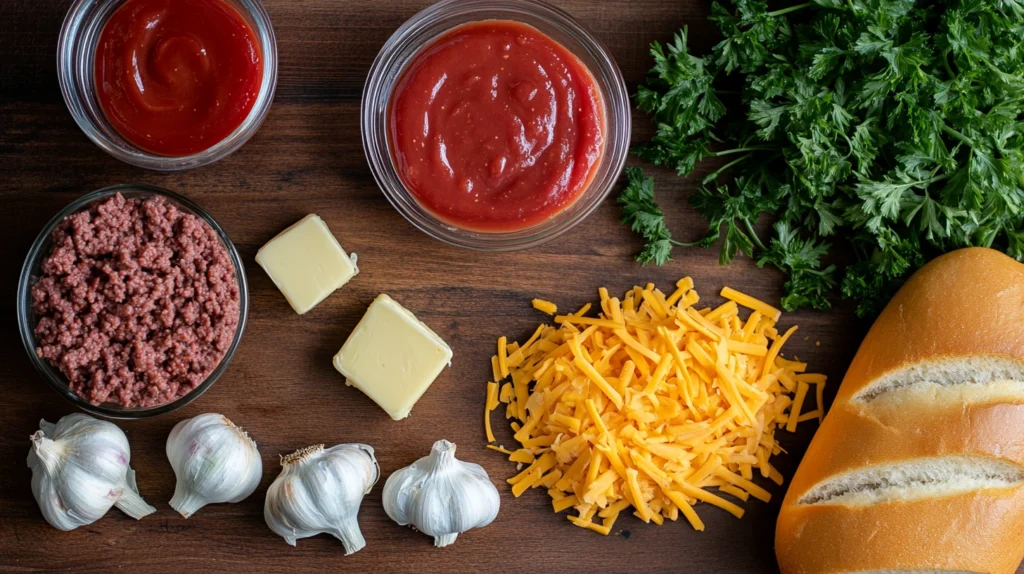 Ingredients for Sloppy Joe Garlic Bread laid out on a table
