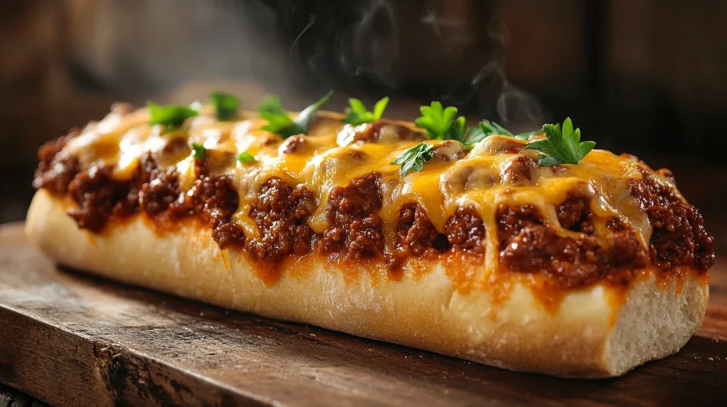 Sloppy Joe Garlic Bread sliced and served on a wooden board