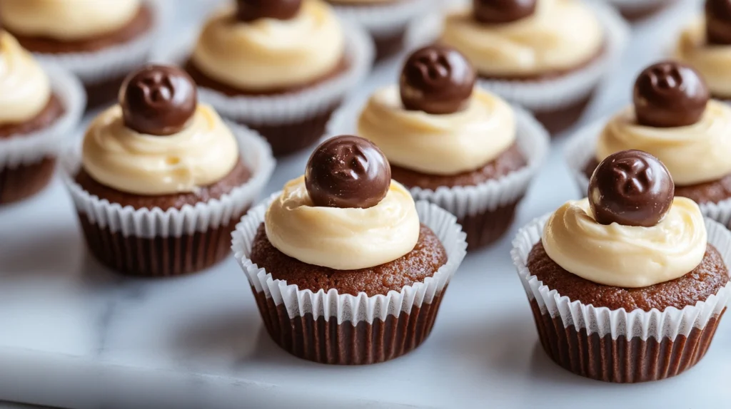 Mini Malteser cheesecakes with one Malteser on each