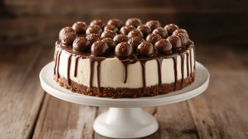 A whole no-bake Malteser Cheesecake on a white cake stand