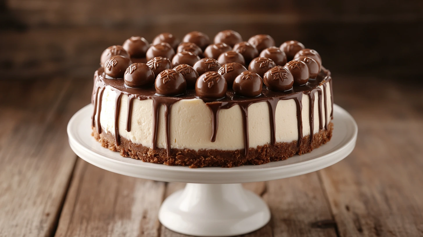 A whole no-bake Malteser Cheesecake on a white cake stand