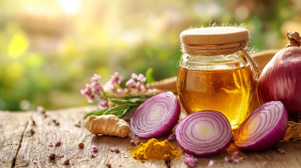 Natural onion boil remedy concept with onions and herbal items