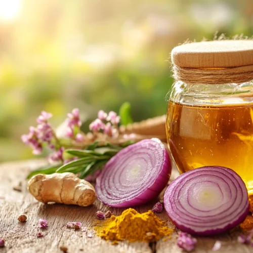 Natural onion boil remedy concept with onions and herbal items