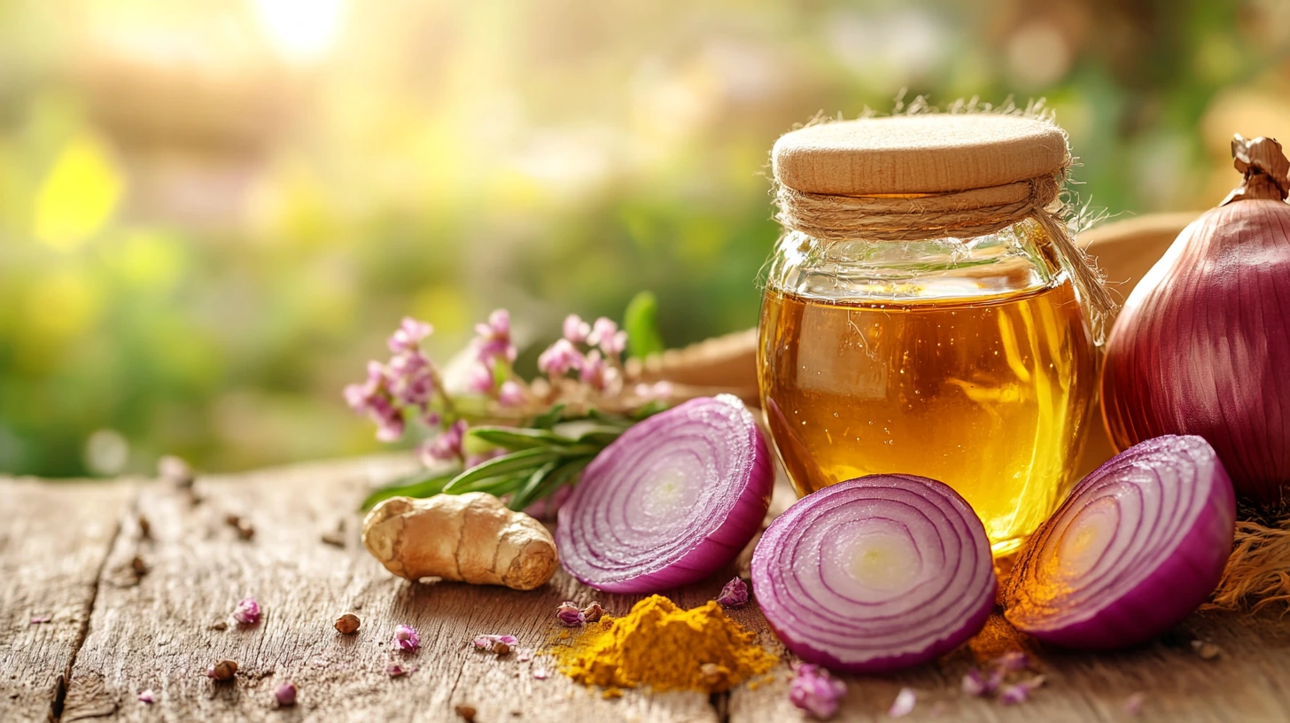 Natural onion boil remedy concept with onions and herbal items