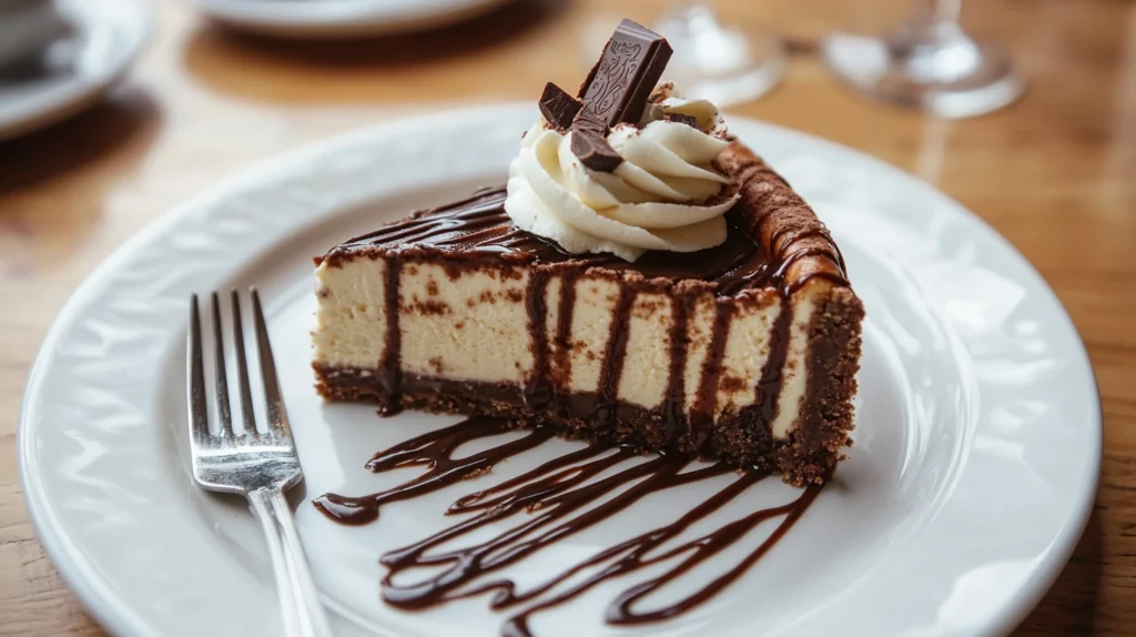 A slice of Malteser cheesecake plated with chocolate drizzle and whipped cream