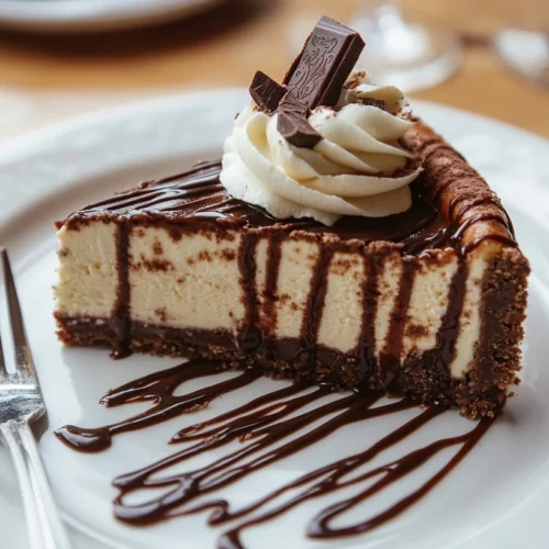A slice of Malteser cheesecake plated with chocolate drizzle and whipped cream