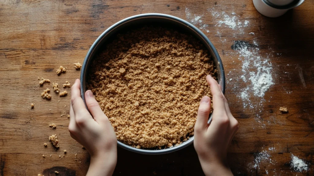 Crushed biscuit base being pressed into a springform tin