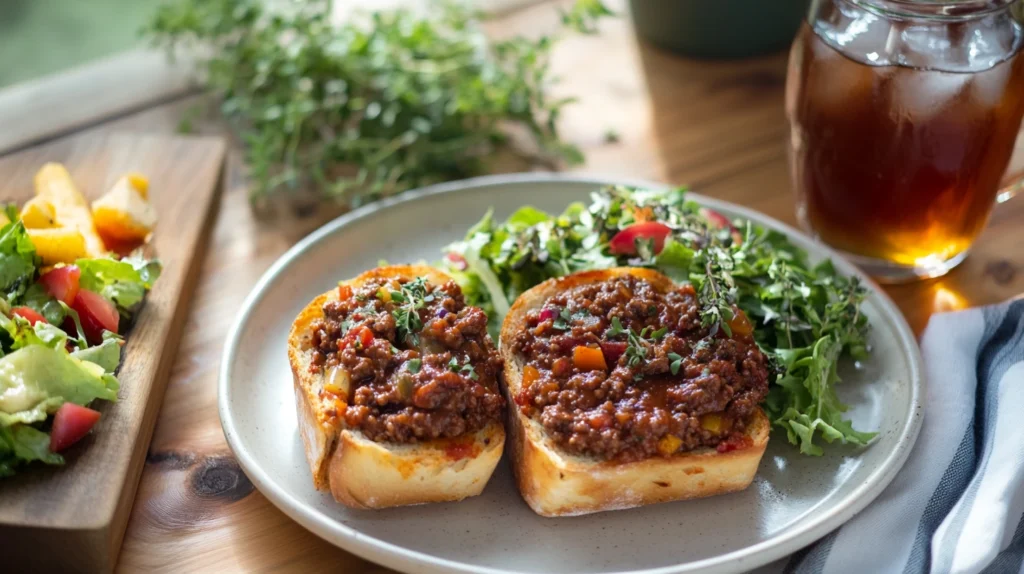 Plated Sloppy Joe Garlic Bread with salad and iced tea