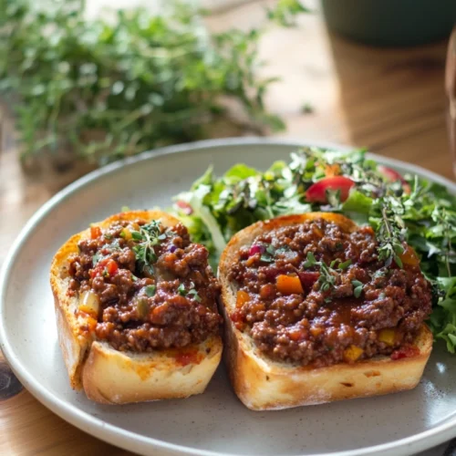 Plated Sloppy Joe Garlic Bread with salad and iced tea