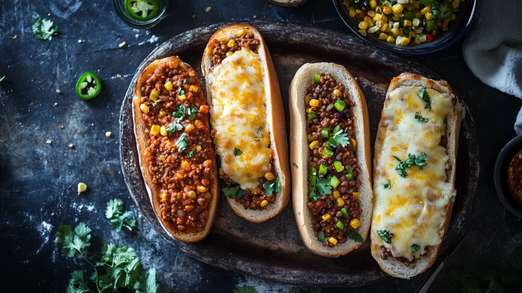 Three versions of Sloppy Joe Garlic Bread: classic, vegan, and Tex-Mex
