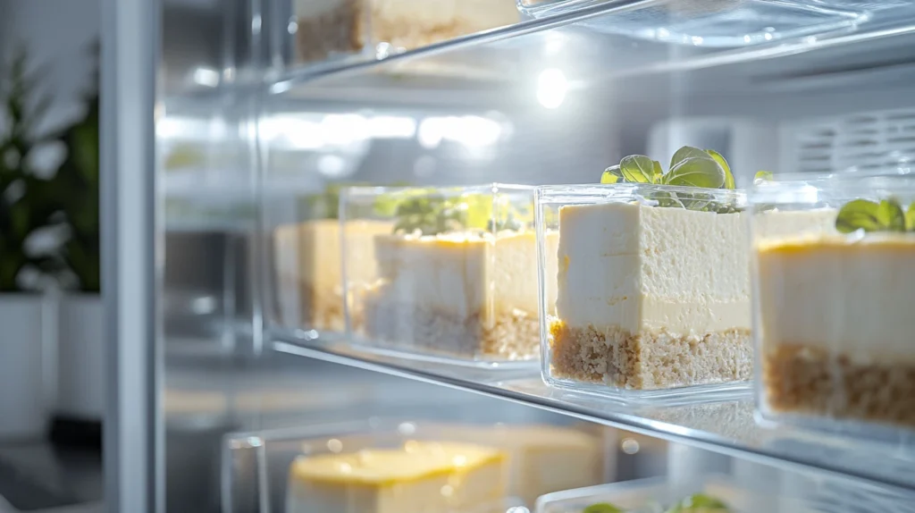 Cheesecake slices stored in airtight containers inside a fridge