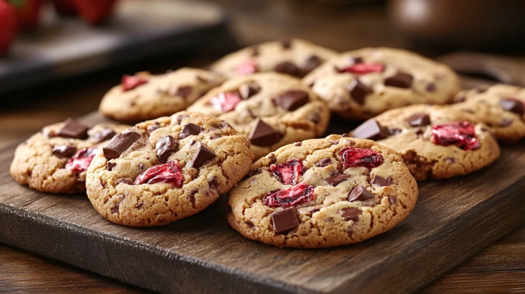 Freshly baked strawberry chocolate cookies on a wooden tray