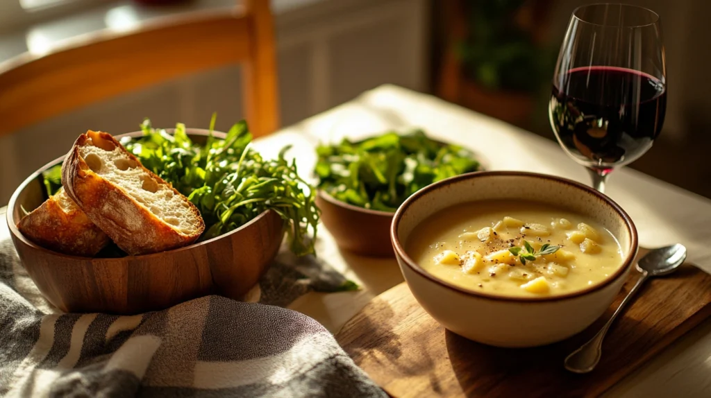 Roasted garlic potato soup with wine and bread