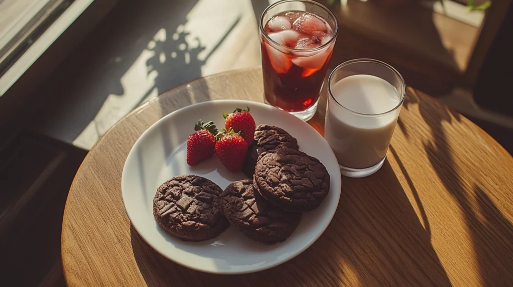 Strawberry chocolate cookies served with drinks