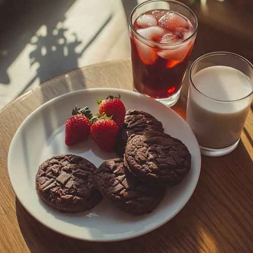 Strawberry chocolate cookies served with drinks