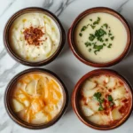 Four bowls of roasted garlic potato soup variations