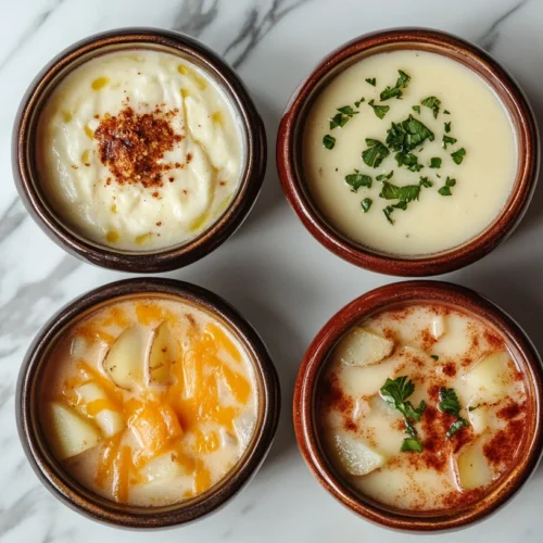 Four bowls of roasted garlic potato soup variations