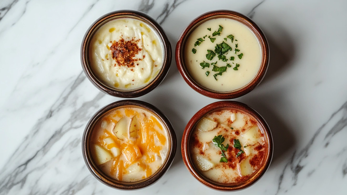 Four bowls of roasted garlic potato soup variations