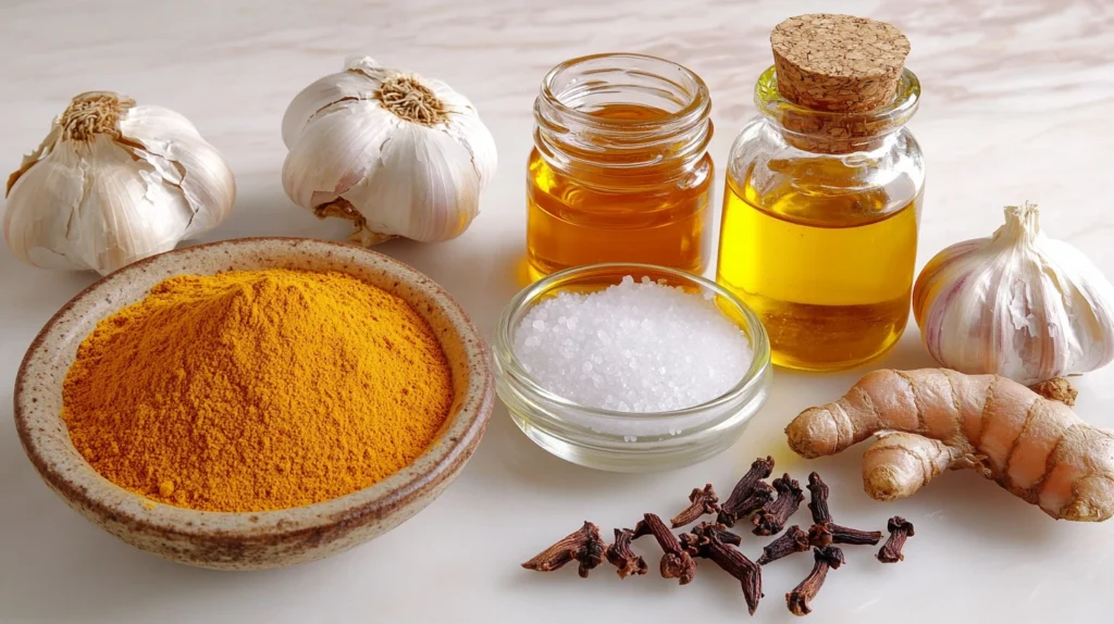 Flat lay of natural ingredients for treating skin boils